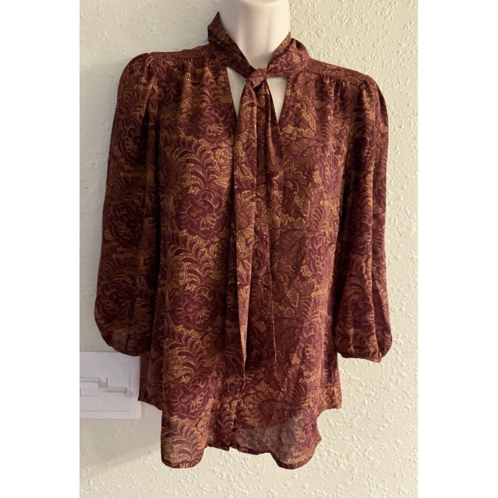 Forever 21 Burgundy Multi Blouse Tie Neck Floral Lace Print Top Small